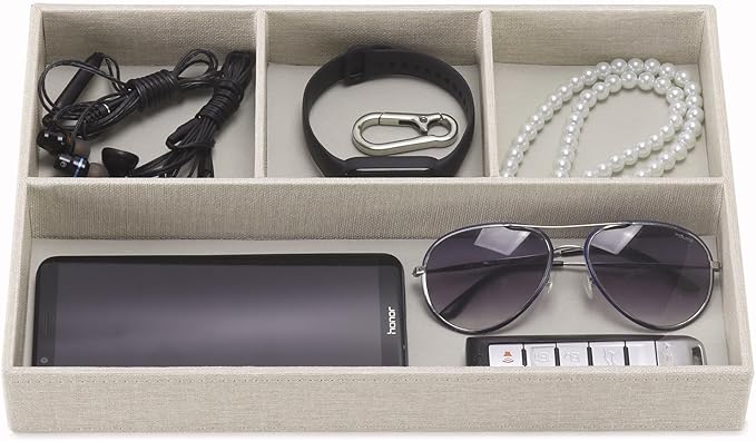 Desktop PU Leather Storage Rack, Proxy Parking tray, Dressing table Desktop Organizer, with 4 Compartments for Placing Mobile Phones, Remote controls, Cosmetics, Watches, and other Decorative trays.