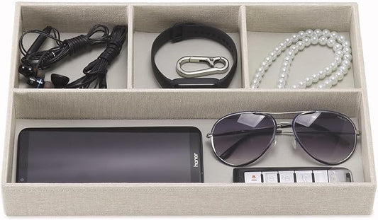 Desktop PU Leather Storage Rack, Proxy Parking tray, Dressing table Desktop Organizer, with 4 Compartments for Placing Mobile Phones, Remote controls, Cosmetics, Watches, and other Decorative trays.