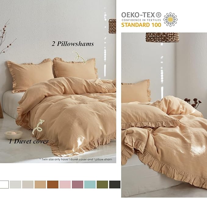 Simple&Opulence 100% Linen Duvet Cover Set, Natural French Flax Sand Ruffle Duvet Cover Twin Size, Breathable Comfy Linen Bedding Comforter Cover with 1 Pillowcase (Sand, 68" x 86")