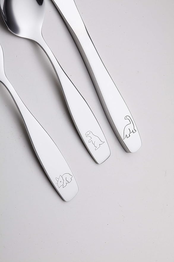 Exzact Kids Flatware 6 Pieces Stainless Steel Children Silverware 2 x Forks, 2 x Knives, 2 x Spoons,Toddler Utensils, Dishwasher Safe, 24 Months+ (Dinosaurs Engraved)