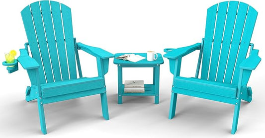 3-Piece Folding Adirondack Chair Set - 38" Extra Tall Back & Embossed Wood Grain, Oversized HDPE Patio Furniture with Side Table & Cup Holders, 380lb Heavy Duty, Aruba Blue