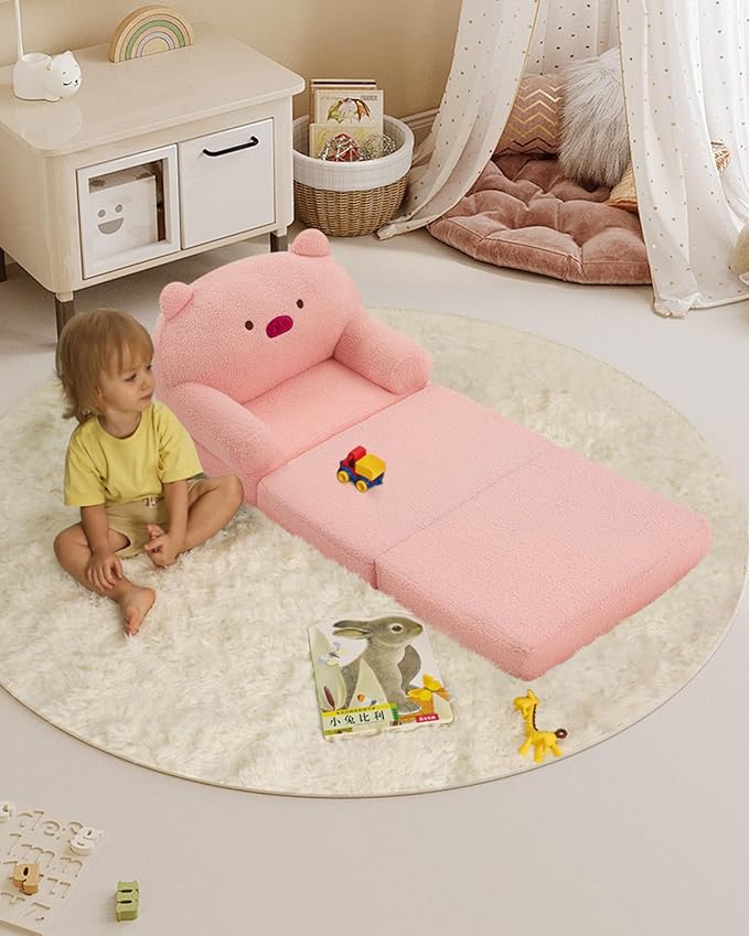MOONBEEKI Comfy Toddler Chair, Kids Couch Fold Out to Lounger, Foldable Baby Sofa Plush for Girl and Boy Age 18 Months and Up （Pig）