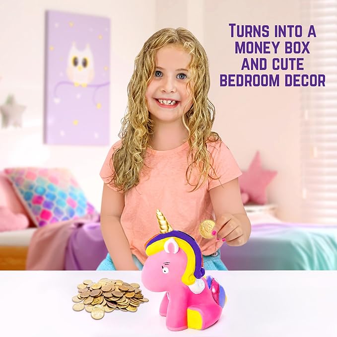 GirlZone Paint Your Own Unicorn Piggy Bank for Girls, Paint a Cute Unicorn with Cool Metallic Paints, Great Craft Kit for Kids and Fun Gift Idea