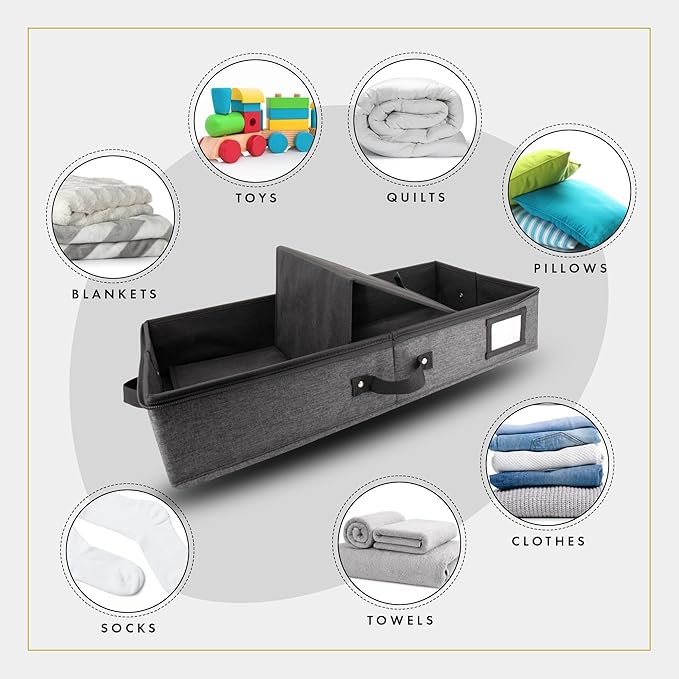 HOMELUX THEORY 2pc Under Bed Storage Containers, Bedroom Under the Bed Drawer Storage Organizer with Bins and Lids, Medium Underbed Clothes Storage Box Ideal for Blanket, Fabric, & Shoes (Dark Gray)