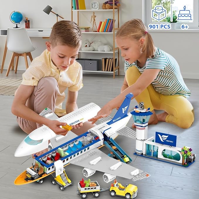 Large City Passenger Airplane Building Toys with LED Light, 21 Inches Plane Building Sets with 2PCS Luggage Trucks, Terminal, Radar Tower, Birthday Gifts for Kids Boys Girls Age 6-12 (901pcs)
