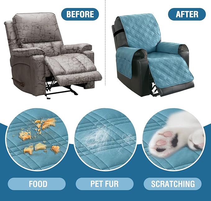 H.VERSAILTEX 100% Waterproof Recliner Chair Cover Non-Slip Sofa Slipcover with Elastic Straps for Pets, Dogs Furniture Protector for Electric Power Lift Recliner Washable with Pocket,Smoke Blue/Beige