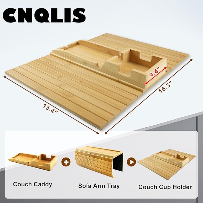 CNQLIS Bamboo Couch Cup Holder - Detachable Sofa Armrest Tray, Anti-Slip Foldable Sofa Table Tray for Drinks, Cellphone, Remote, Snacks, Versatile 2-in-1 Couch Arm Tray Set (Bamboo Colour)