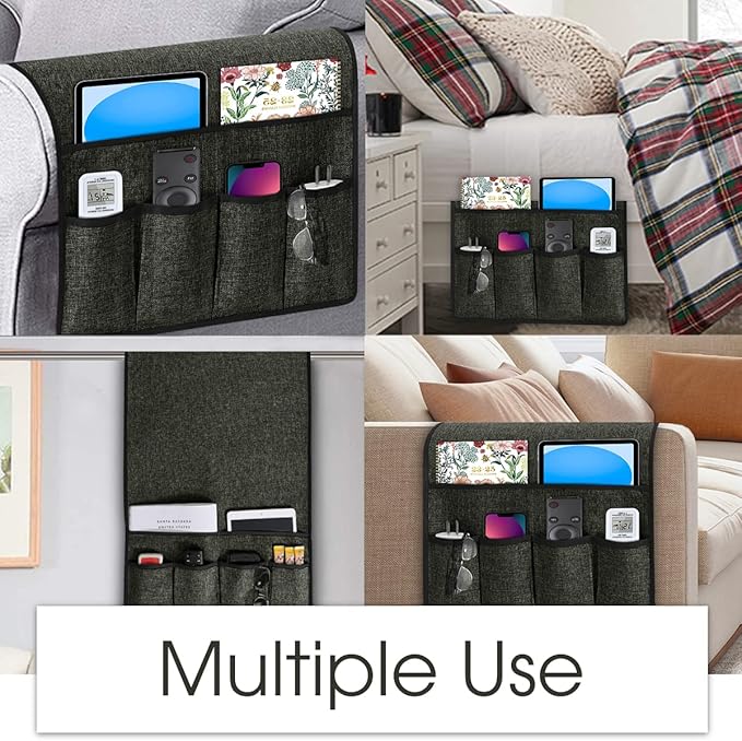 Joywell Remote Control Caddy for Chair Arm Couch Armrest Organizer Non Slip Sofa Armchair Caddie with 6 Pocket Storage for Magazine, Tablet, Phone, iPad, Dark Grey