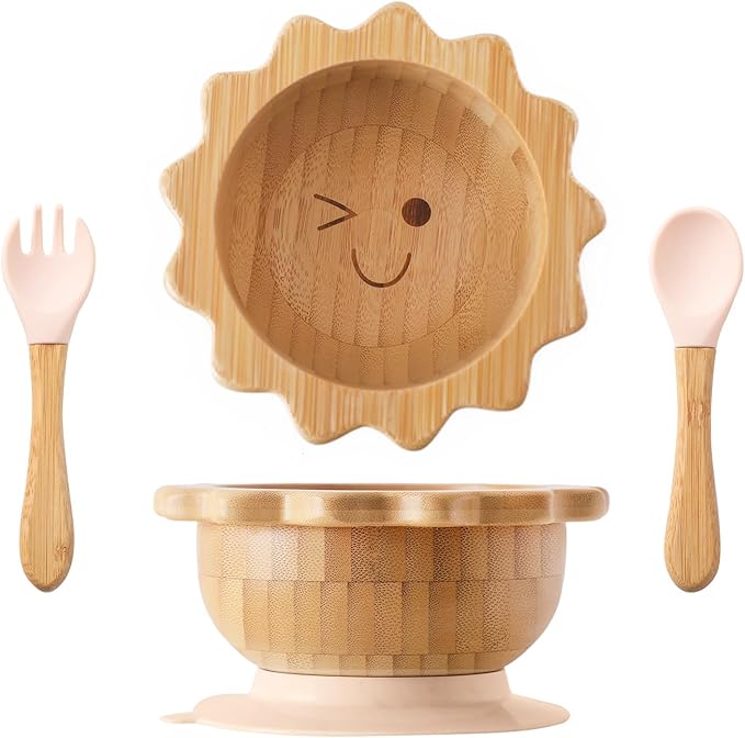 let's make Bamboo Suction Bowl for Baby Kid Toddler Bowl Spoon Fork Set with Removable Silicone Suction All-Natural Baby Feeding Set for Baby-Led Weaning Fits Feeding High Chair Table