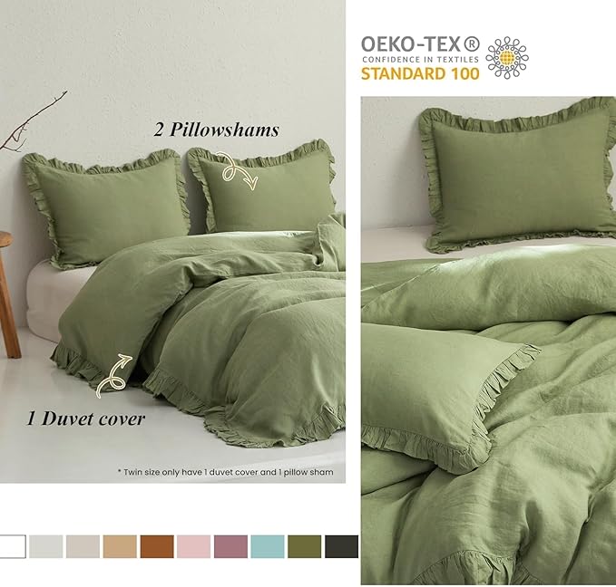 Simple&Opulence 100% Linen Duvet Cover Set, 3 PCS Natural French Flax Sage Green Ruffle Duvet Cover Queen Size, Breathable Comfy Linen Bedding Comforter Cover with 2 Pillowcases(Sage Green, 88" X 92")