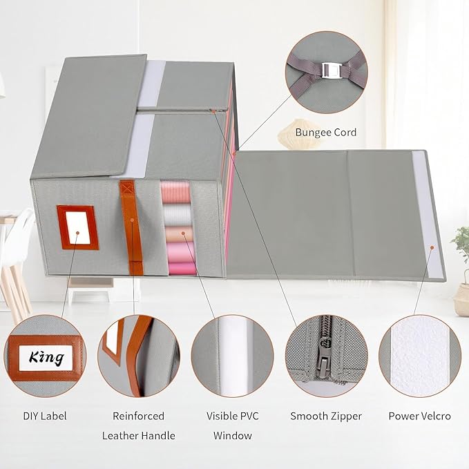 4 Pack Bed Sheet Organizer, Extra Large Foldable Linen Closet Organizer and Storage with Oxford Fabric, Clear PVC Window & Leather Handle – Storage for Bedding, Blankets, Duvet Cover Set, Quilt