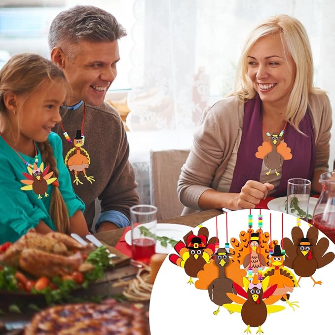 24 Pcs Thanksgiving Turkey Necklaces Kit, Turkey Beaded Necklace Making Kit, DIY for Kids, Thanksgiving Gifts Set for Thanksgiving Party toys Game Activity