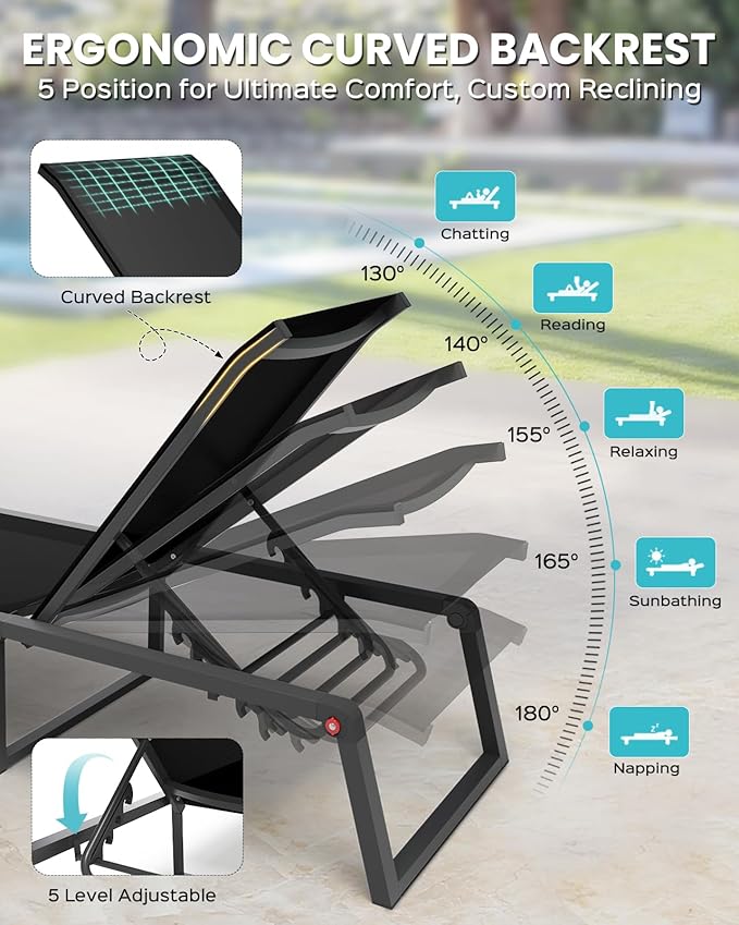 Aluminum Chaise Lounge Outdoor Set of 2, Foldable & Assembly Free Patio Pool Lounge Chairs 5-Position Recliner for Outside Poolside, Fully Grounded Legs Sun Lounger for Beach, Yard, Black