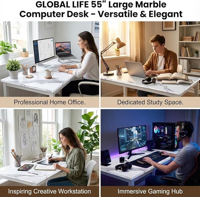 GL GLOBAL LIFE 55 inch Large Computer Desk Wood, Modern Simple Style Desk for Home Office, Bedroom, Study Student Writing Desk, Small Spaces, White Metal Frame, Marble Grain Top