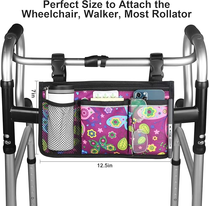 Wheelchair Side Bag, Upgrade Flower Color Wheelchair Armrest Storage Pouch with Cup Holder and Reflective Strip for Most Wheelchairs, Walkers and Rollators (Purple Butterfly)