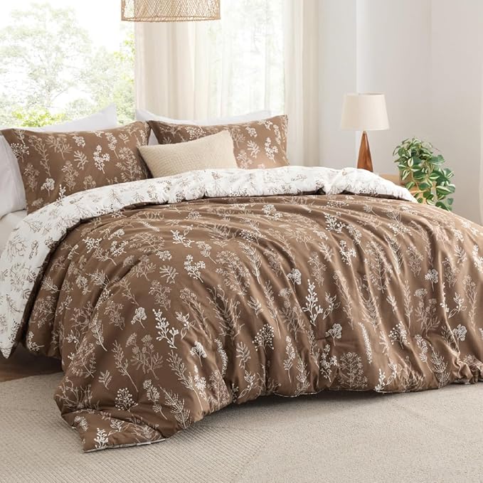 Bedsure Full Comforter Set - Brown Bed Set, 3 Pieces Cute Floral Bedding, 1 Soft Reversible Botanical Flowers Comforter and 2 Pillow Shams