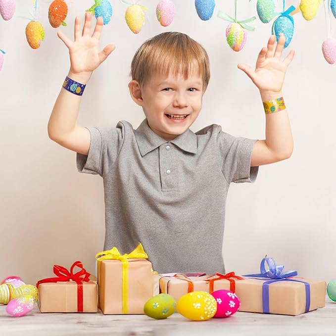 48 PCS Easter Slap Bracelets for Kids – Fun Bunny & Egg Designs, Party Favors, Goodie Bag Fillers, and Classroom Prizes
