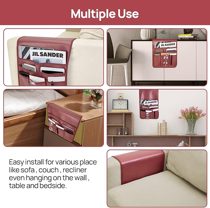 Teniux Remote Control Holder Faux Leather Armrest Organizer with 6 Pockets for Recliner Couch Sofa, Armchair Caddy for Smart Phone, Book, Magazines, Ipad, Remotes (Rose Wine)