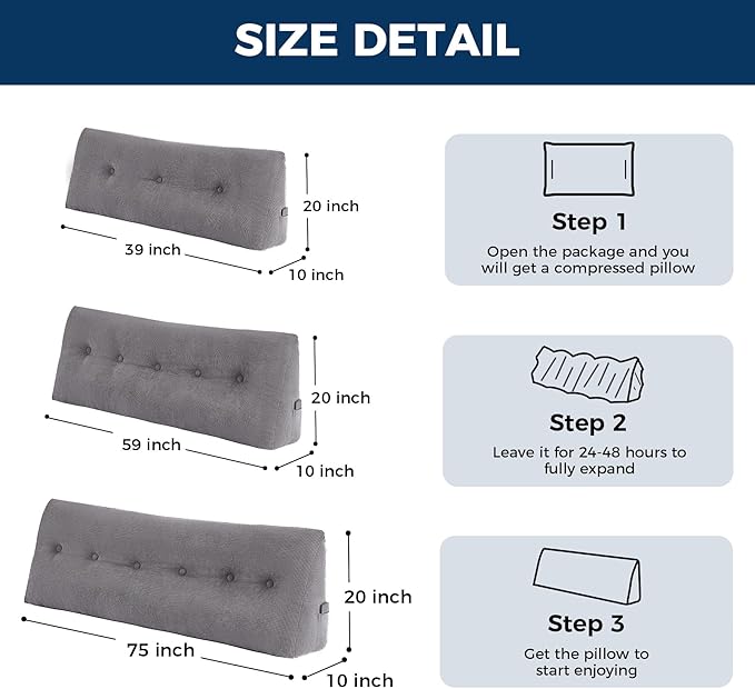 Headboard Pillow Twin, Triangle Pillows for Headboard, Head Board Backrest Wedge Pillow for Reading Sitting Working, Daybed Pillows with Removable Cover for Bed Dorm Sofa, Dark Grey