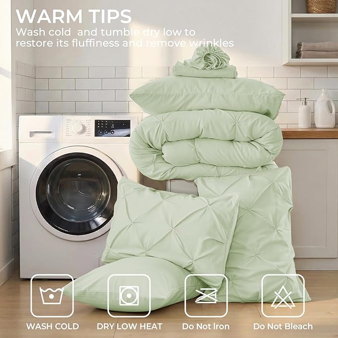 Sasttie King Size Comforter Set, 7-Piece Bed in a Bag, Pintuck Bedding Sets for All Season, Includes Comforter, Flat Sheet, Fitted Sheet, Pillowcases and Pillowshams, Mint