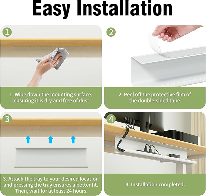 2 Pack No-Screw Cable Management Under Desk, Self-Adhesive Cord Organizer, Wire Management Tray for Office and Home (White)