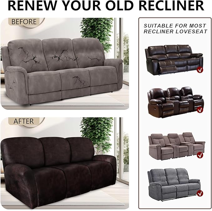 Leather Look Recliner Couch Cover 8-Piece Recliner Sofa Slipcovers 3 Seater for Reclining Couches Furniture Protector Spandex Fabric Washable (Recliner Sofa, Chocolate)