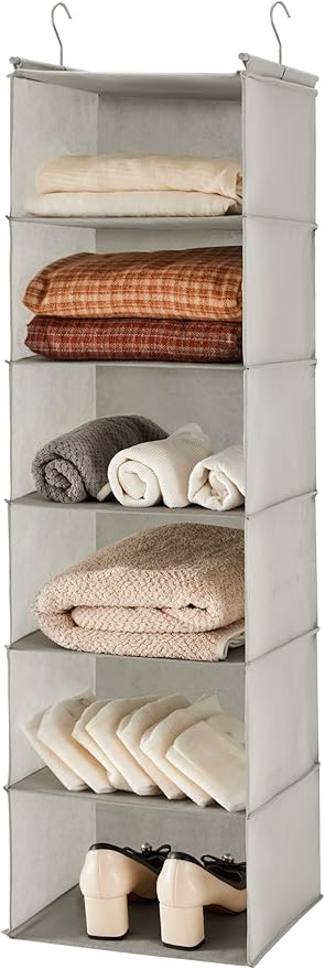 MAX Houser 6 Tier Shelf Hanging Closet Organizer, Closet Hanging Shelf with 2 Sturdy Hooks for Storage, Foldable (Light Grey)