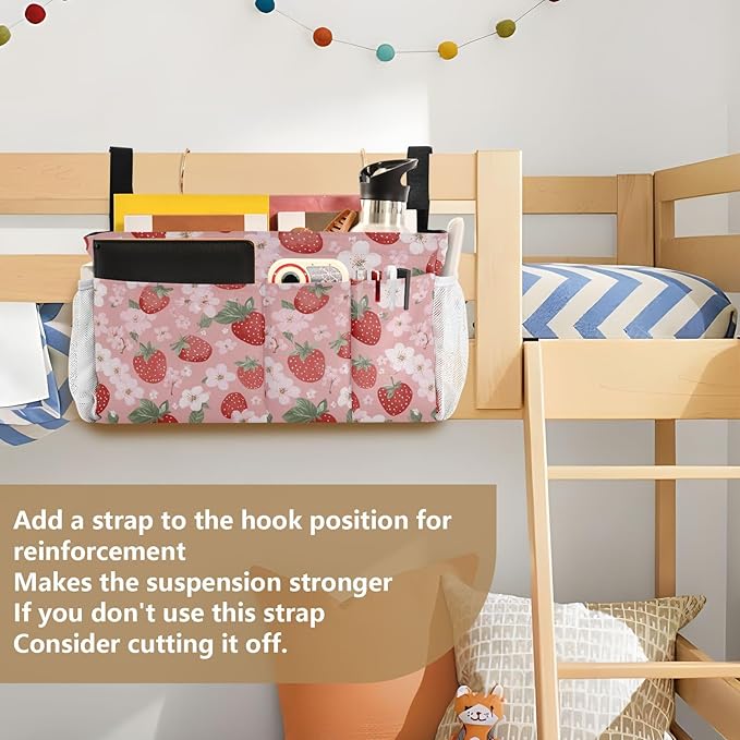 Pink Blossoms and Strawberries Bedside Caddy for Dorm Bed Bedside Hanging Caddy Bag Iron Frame Storage Organizer Pocket for Bunk Home College Hospital Beds 2 Hooks