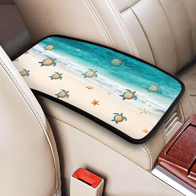 DORKEIXIA Ocean Kawaii Cute Turtle Crawling On The Beach Auto Center Console Armrest Pad Universal Car Center Console Cover Seat Box Cover for Sedan, Van, SUV, Truck Car Accessorie