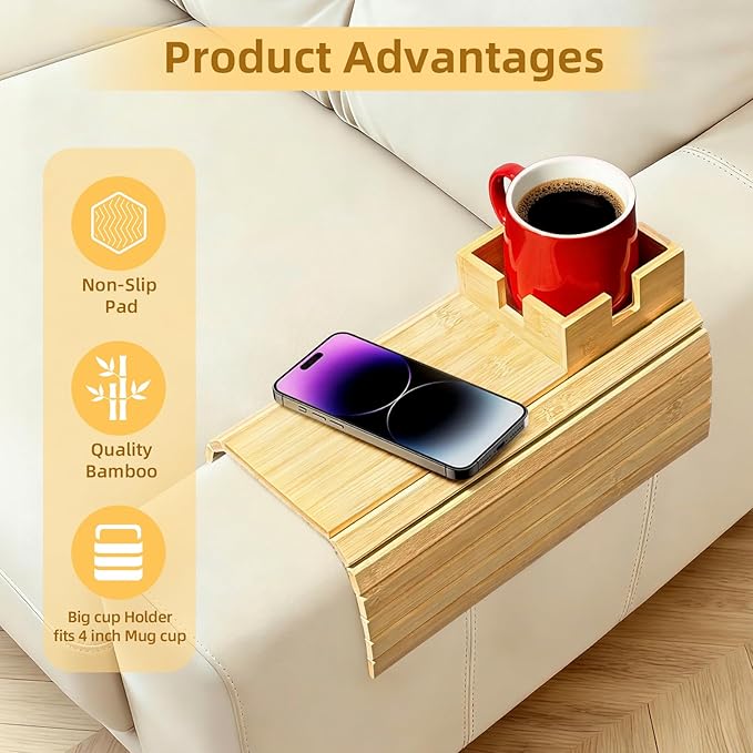 Bamboo Couch Cup Holder & Armrest Tray - Extend Your Comfort with a Secure Drink Slot and Snack Space for Recliner, Loveseat, or Sofa (Large)