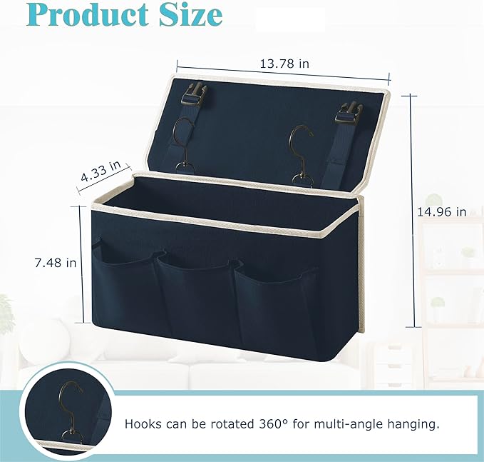 Bedside Caddy/Bedside Storage Organizer Hanging Bag with Three Options,Suitable for home beds, sofas, and dormitory beds—can hold magazines, books, phones, iPads, remote controls. (Navy Blue)