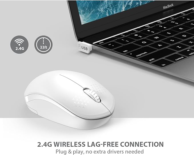 seenda Wireless Mouse, 2.4G Noiseless Computer Mice with USB Receiver Portable Computer Mouse for PC, Tablet, Laptop - Pure White