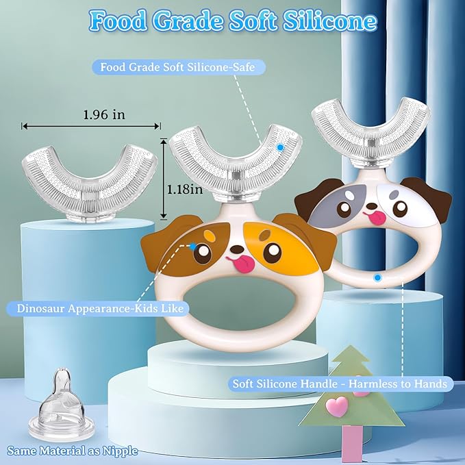 Toddler Toothbrush - U Shaped Cute Dog Toothbrush Kids with Food Grade Soft Silicone Brush, 360° Manual Oral Teeth Cleaning Design for Infant & Age 1 2 3 4, 2 PCS