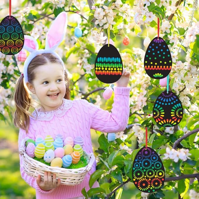 Koogel Easter Egg Scratch Art Set, 36 PCS Rainbow Scratch Art Mini Notes with Colorful Ribbon and Wooden Stick Crafts for Kids Party Favor Easter Decor Tree Decor
