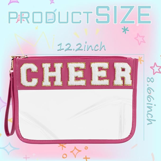 BuyCard Cheer Chenille Letter Bags Clear Makeup Bag, Cheerleader Gifts Cosmetic Bag, Varsity Preppy Patch Flat Pouch Cheer Accessories, Waterproof PVC Organizer Toiletry Bag for Women Girls