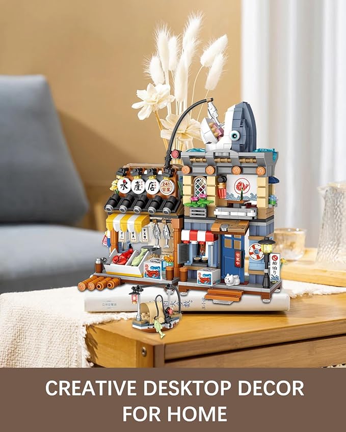 Japanese City Street View Seafood Store Building Blocks Set, Aquatic Products Shop MOC Creative House, Simulation Architecture Construction Toy, Gifts Idea for Kids Adults (Mini Blocks 790 pcs)