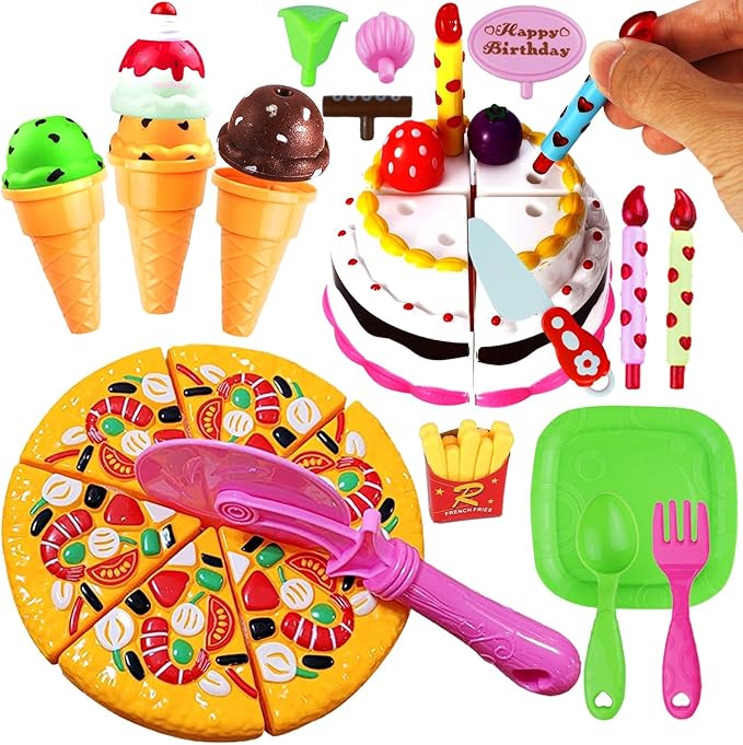FUNERICA Play Food Goodies Set - Features Cutting Pizza, Ice Cream, Toy Birthday Cake, Fries, Dessert – Pretend Kitchen Toys for Toddlers, Boys, Girls