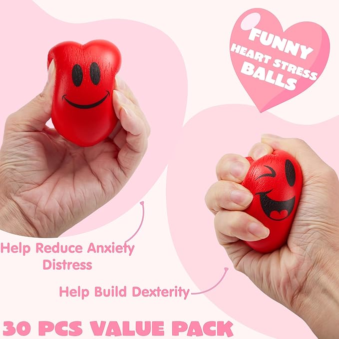 JOYIN 30 Pcs Valentine's Day Red Heart Shape Stress Ball, Valentines 1.5 inch Heart Squeeze Ball Squishy Toy Exchange Gift for Kids, Stress Relief Party Favors, Holiday Reward Prizes