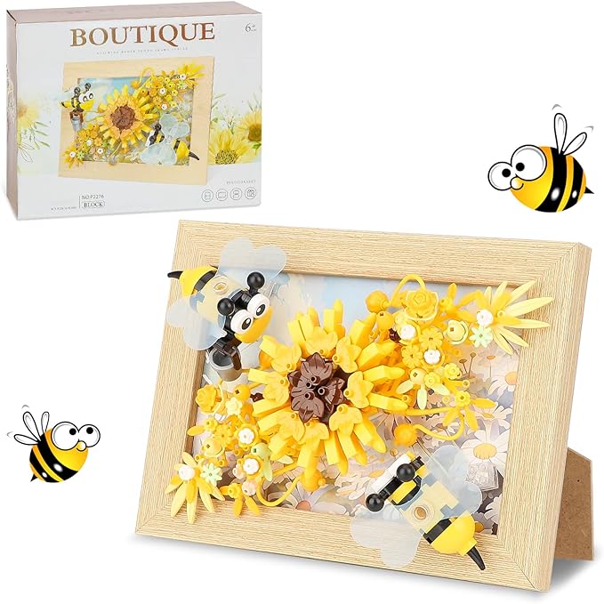 Bee Insects Flowers Photo Frame Micro Mini Bricks Building Set, Botanical Collection Wall Art Home Office Decor, Ideas Gift Building Toy for Boys Girls Adults（Not Compatible with Lego Set, P2276）