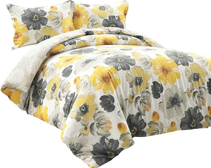 Lush Decor Leah Reversible 100% Cotton Duvet Cover Set, 3 Piece Set, Full/ Queen, Yellow & Gray - Queen Bedding Set - Yellow Duvet Cover - Country Floral Decor