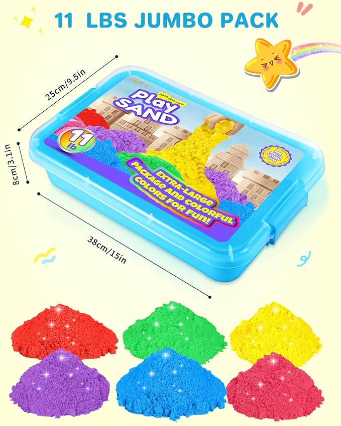 AtMini Play Sand for Kids, 11lbs of 6 Colored Sands, Magic Sand Bulk, Play Sand for Sandbox Sensory Sand Kit for Boys and Girls (Blue Tray)