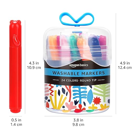 Amazon Basics Washable Markers for Kids, Round Tip Assorted, Pack 24