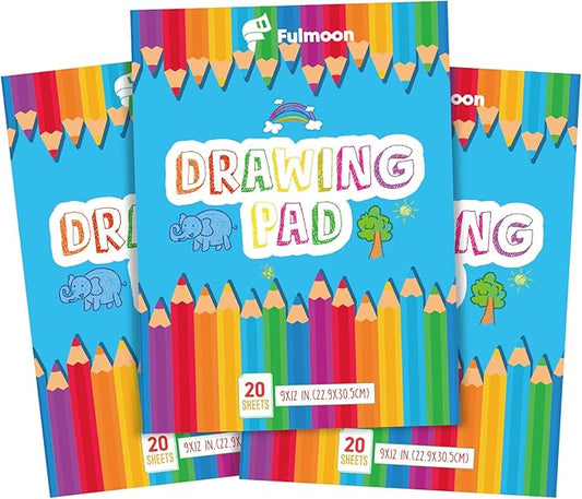 Fulmoon 3 Pcs Sketch Pad for Kids Drawing Pad 20 Sheets Coloring Pad 9" x 12" Drawing Paper Pad Sketch Book Back to School Art Supplies for Crayons Charcoal Pencil Watercolor Pencil Colored Pencils