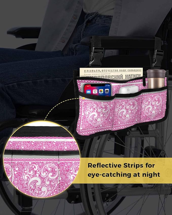 Wheelchair Side Storage Bag Valentine's Day Pink and White Abstract Love Heart Texture Armrest Pouch with Cup Holder and Reflective Strip Wheelchair Accessories Organizer Bags for Walkers Rollator