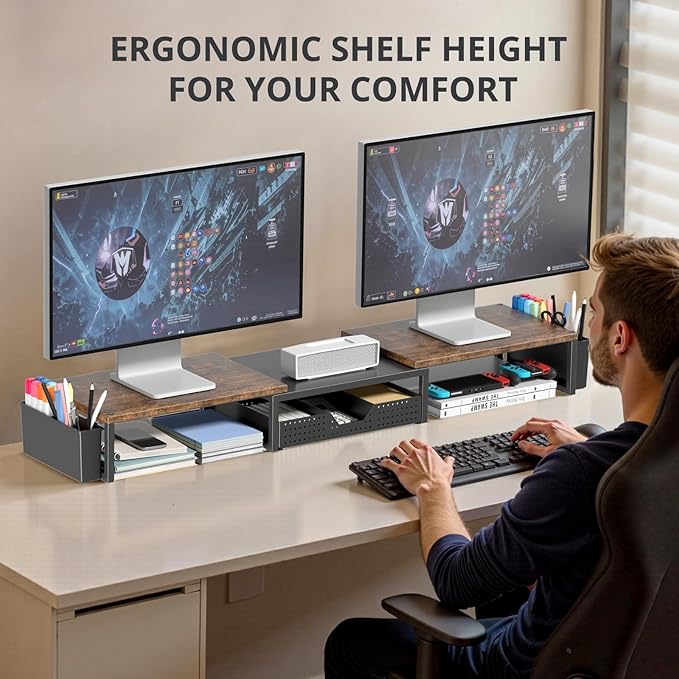 OPNICE Wood Desk Organizers and Accessories, Dual Monitor Stand Riser with Drawer and 2 Pen Holders, Desk Shelf Computer Racks for Office Workspace Organizers, Desktop Organization (Rustic Brown)