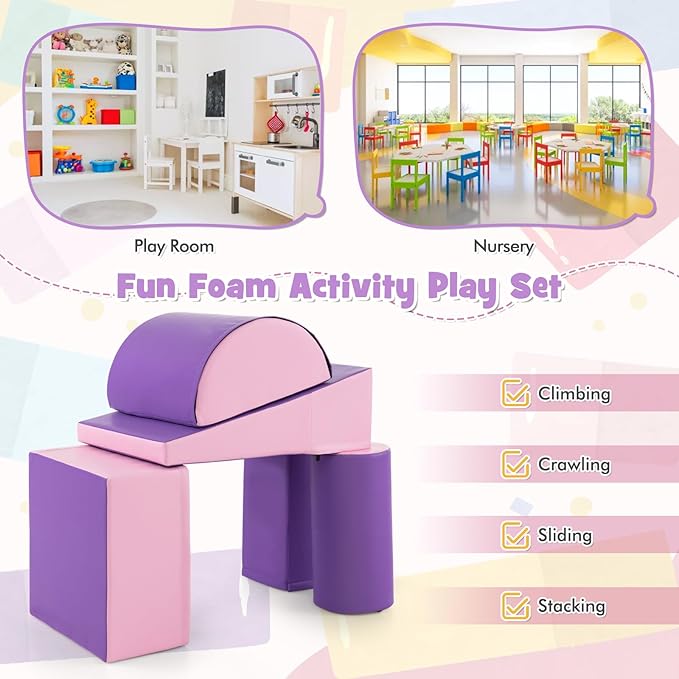 HONEY JOY 5-Piece Climb and Crawl Playset, Soft Climbing Foam Block Activity Play Structure Gym Equipment for Infant Baby, Color Coordination, Waterproof Indoor Climbing Toys for Toddlers (Purple)