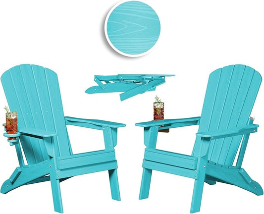 Plawdlik Folding Adirondack Chair, SGS Tested, Wooden Textured with Cup Holder, Heavy All-Weather HDPE Comfortable Set Poolside Backyard Lawn Aruba Blue Set 2