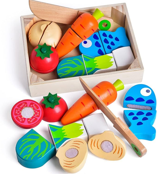 FUN LITTLE TOYS 12 Pcs Wooden Pretend Cutting Play Food Set for Kids Aged 3+, Early Education Toy for Toddlers, Veggie Slicers Playset, Toys Food and Vegetables with Storage Case