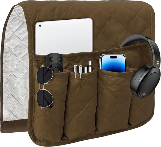 MEHIDFY Sofa Armrest Caddy, Waterproof Bedside Storage Organizer, Non Slip Armchair Pockets, Remote Control Holder for Couch, Handy Pouches with 6 Pockets for TV Remote, Phone, Magazine(Brown)