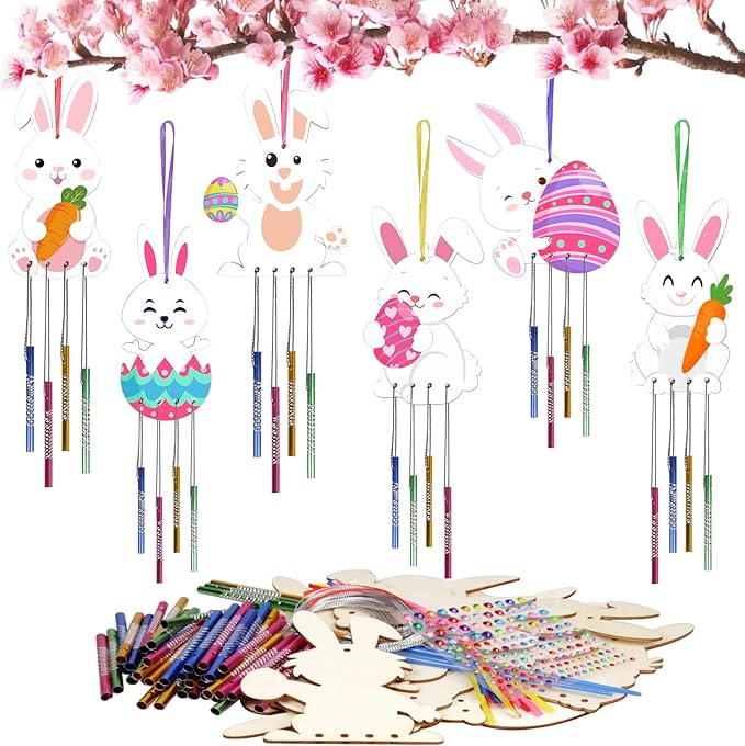 Fennoral 24 Pack Bunny Wind Chime Kit for Kids Make You Own Easter Rabbit Wind Chimes DIY Coloring Wooden Easter Craft for Girls Boys for Easter Hanging Ornaments Easter Party Decoration